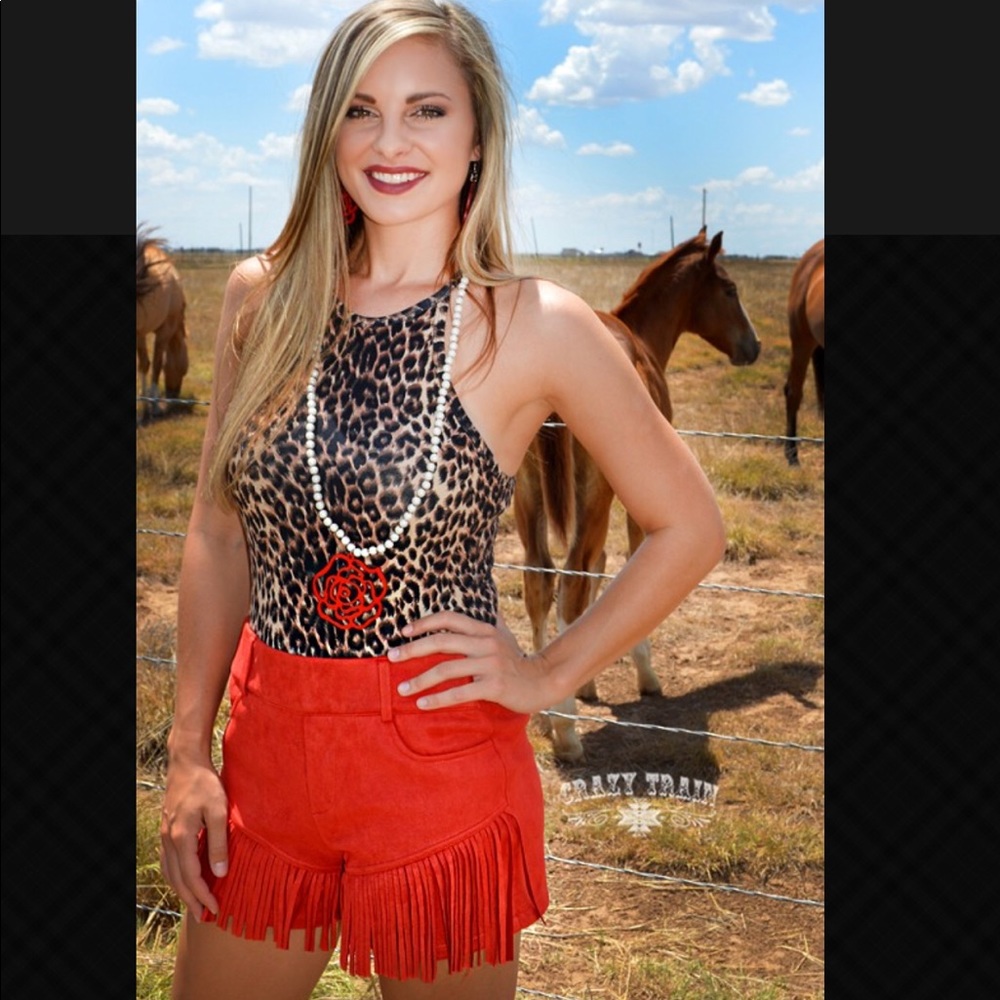 CRAZY TRAIN MOM LENGTH APPROVED RED FRINGE SHORTS